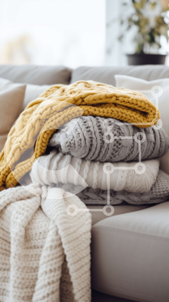 Intra Συλλεκτικό Ξύλινο Παζλ Plywood  4mm - Άνετη διακόσμηση σπιτιού: Στοίβα από πολύχρωμες κουβέρτες σε έναν ουδέτερο καναπέ Σε Ξύλινο Κουτί - Διαστάσεις Puzzle: 10x10 cm – 25 κομμάτια