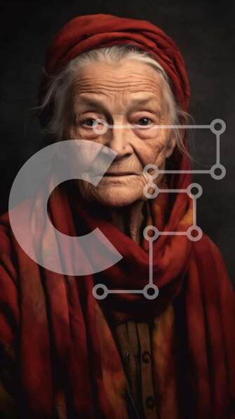 Intra Συλλεκτικό Ξύλινο Παζλ Plywood  4mm - Σοβαρό πορτρέτο μιας ηλικιωμένης γυναίκας με κόκκινο κασκόλ και μαύρο σάλι Σε Ξύλινο Κουτί - Διαστάσεις Puzzle: 10x10 cm – 25 κομμάτια