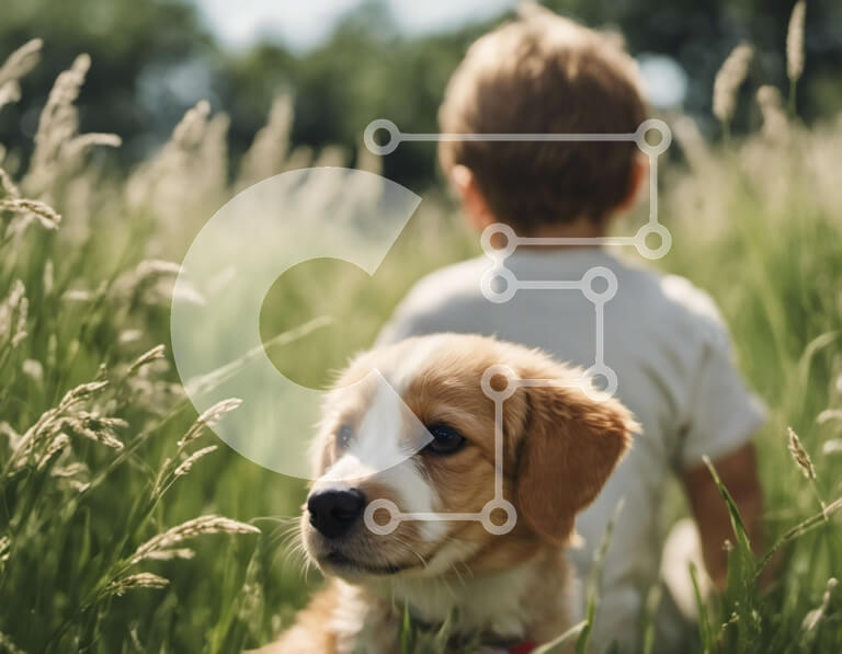 Intra Συλλεκτικό Ξύλινο Παζλ Plywood  4mm - Νεαρό αγόρι και σκύλος στο πεδίο της ψηλής χλόης Σε Ξύλινο Κουτί - Διαστάσεις: 10x10 cm – 25 κομμάτια