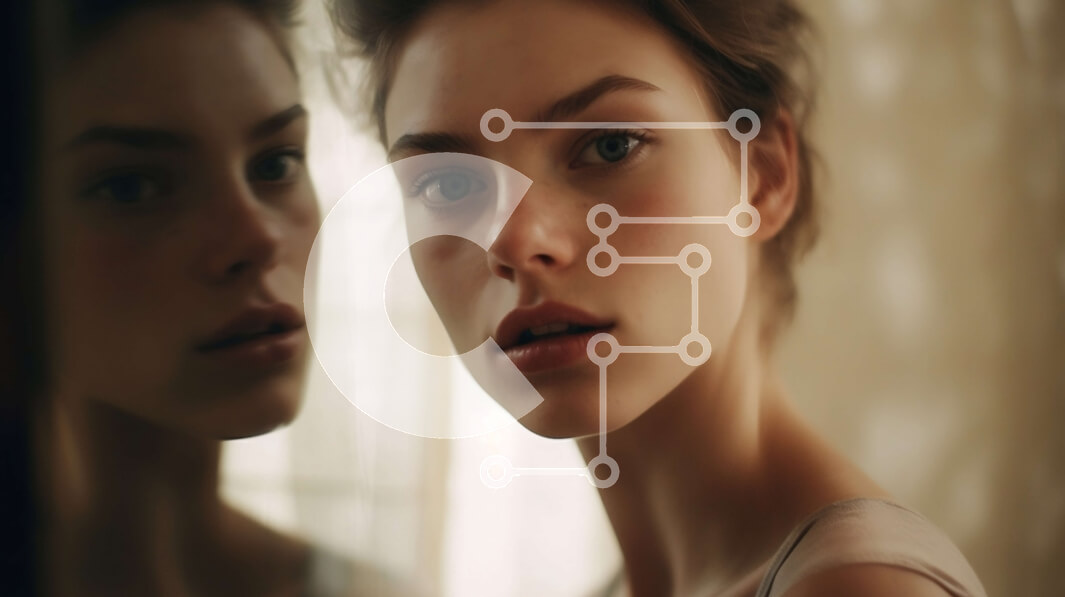 Intra Συλλεκτικό Ξύλινο Παζλ Plywood  4mm - Γυναίκα ουδέτερης έκφρασης που ελέγχει την αντανάκλασή της σε έναν καθρέφτη Σε Ξύλινο Κουτί - Διαστάσεις Puzzle: 10x10 cm – 25 κομμάτια