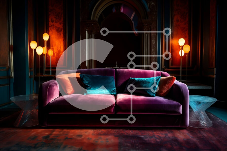 Intra Συλλεκτικό Ξύλινο Παζλ Plywood  4mm - Άνετο εσωτερικό ενός δωματίου με χαμηλό φωτισμό με μωβ καναπέ και λουλούδια Σε Ξύλινο Κουτί - Διαστάσεις Puzzle: 10x10 cm – 25 κομμάτια