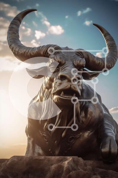 Intra Συλλεκτικό Ξύλινο Παζλ Plywood  4mm - Εκπληκτική εικόνα ενός ξεπερασμένου χάλκινου αγάλματος ταύρου στο ηλιοβασίλεμα Σε Ξύλινο Κουτί - Διαστάσεις Puzzle: 10x10 cm – 25 κομμάτια