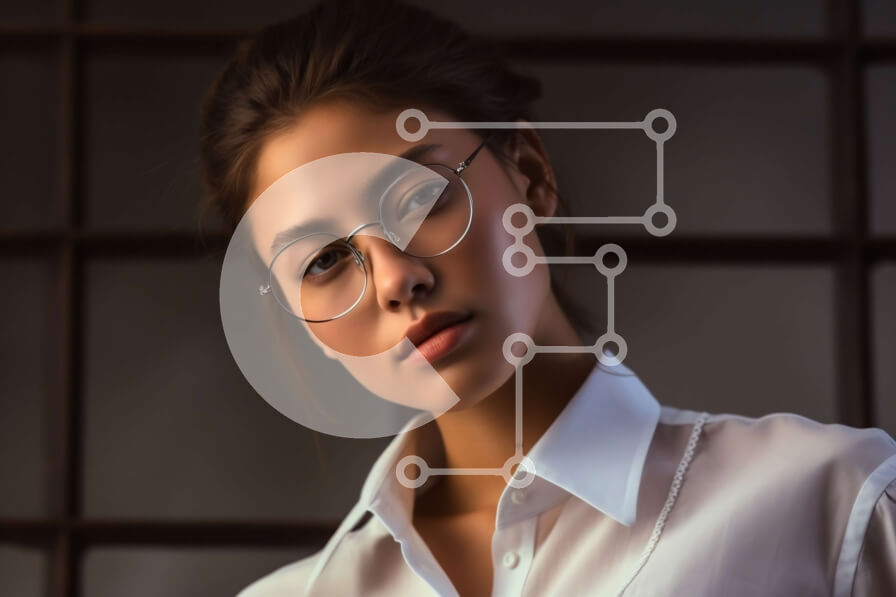 Intra Συλλεκτικό Ξύλινο Παζλ Plywood  4mm - Κομψό πορτρέτο μιας νεαρής γυναίκας με γυαλιά και λευκό πουκάμισο Σε Ξύλινο Κουτί - Διαστάσεις Puzzle: 10x10 cm – 25 κομμάτια