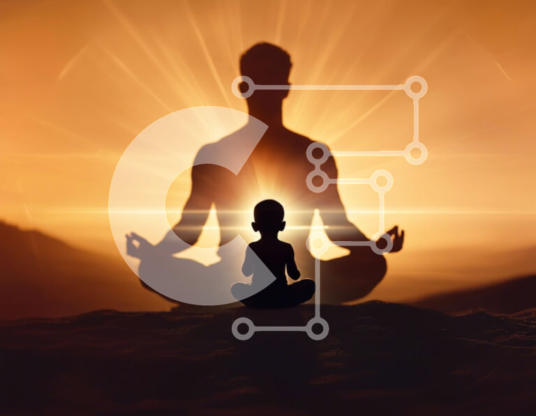 Intra Συλλεκτικό Ξύλινο Παζλ Plywood  4mm - Σιλουέτα του ανθρώπου και του παιδιού που διαλογίζονται στην έρημο με τον ήλιο να λάμπει πίσω Σε Ξύλινο Κουτί - Διαστάσεις: 10x10 cm – 25 κομμάτια