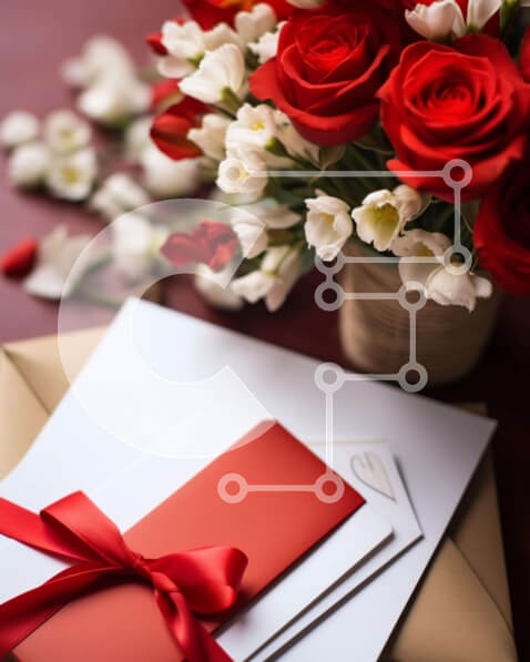 Intra Συλλεκτικό Ξύλινο Παζλ Plywood  4mm - Μπουκέτο με κόκκινα τριαντάφυλλα και κάρτες για την ημέρα του Αγίου Βαλεντίνου με κόκκινη κορδέλα Σε Ξύλινο Κουτί - Διαστάσεις Puzzle: 10x10 cm – 25 κομμάτια