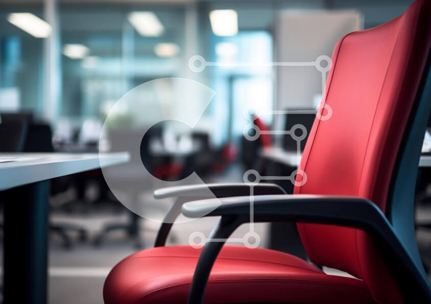 Intra Συλλεκτικό Ξύλινο Παζλ Plywood  4mm - Κόκκινη δερμάτινη καρέκλα σε χώρο γραφείου με γραφεία και καρέκλες Σε Ξύλινο Κουτί - Διαστάσεις Puzzle: 10x10 cm – 25 κομμάτια