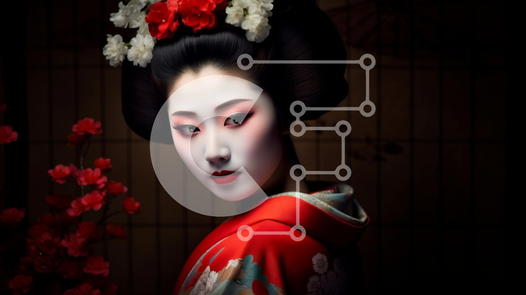 Intra Συλλεκτικό Ξύλινο Παζλ Plywood  4mm - Γυναίκα γκέισα με κόκκινο κιμονό με λουλούδια σε γιακά και μανίκια Σε Ξύλινο Κουτί - Διαστάσεις Puzzle: 10x10 cm – 25 κομμάτια