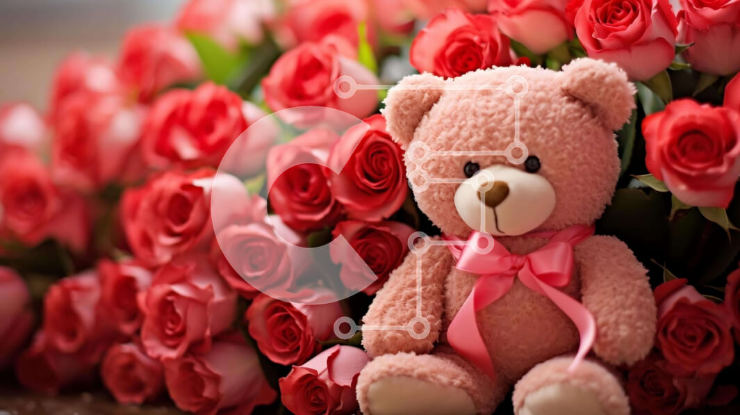 Intra Συλλεκτικό Ξύλινο Παζλ Plywood  4mm - Ροζ αρκουδάκι που περιβάλλεται από κόκκινα τριαντάφυλλα και καραμέλα Σε Ξύλινο Κουτί - Διαστάσεις: 10x10 cm – 25 κομμάτια