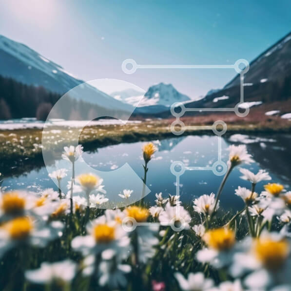 Intra Συλλεκτικό Ξύλινο Παζλ Plywood  4mm - Αλπικό λιβάδι με μαργαρίτες και χιονισμένα βουνά Σε Ξύλινο Κουτί - Διαστάσεις: 10x10 cm – 25 κομμάτια