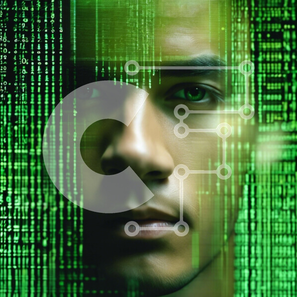 Intra Συλλεκτικό Ξύλινο Παζλ Plywood  4mm - Άνθρωπος μπροστά από κωδικοποιημένες γραμμές πράσινης μήτρας Σε Ξύλινο Κουτί - Διαστάσεις Puzzle: 10x10 cm – 25 κομμάτια