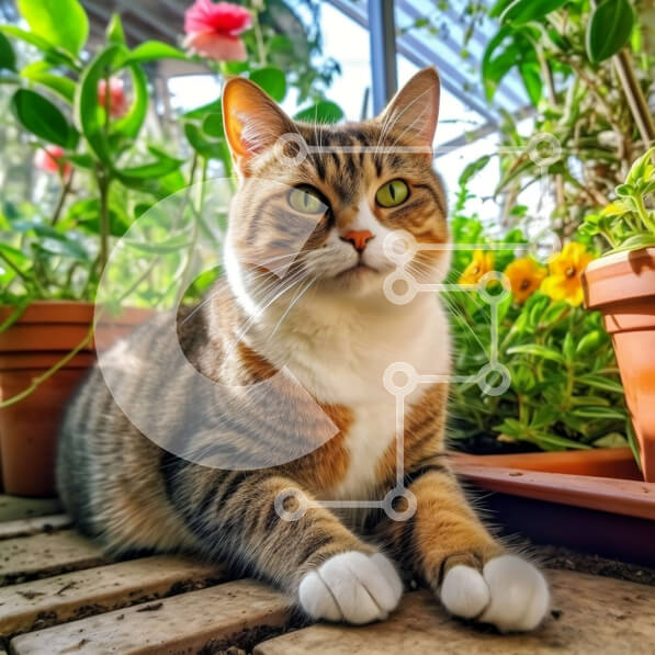 Intra Συλλεκτικό Ξύλινο Παζλ Plywood  4mm - Αξιολάτρευτη ριγέ γάτα που κρυφοκοιτάζει έξω από το παράθυρο πάνω από φυτά σε γλάστρες Σε Ξύλινο Κουτί - Διαστάσεις: 10x10 cm – 25 κομμάτια