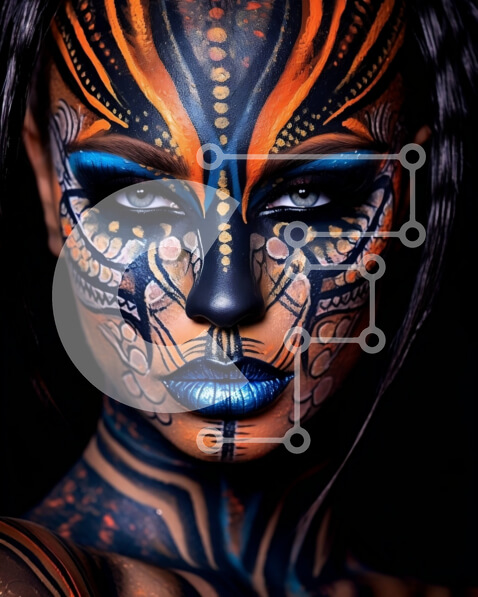 Intra Συλλεκτικό Ξύλινο Παζλ Plywood  4mm - Εκπληκτική εικόνα γυναίκας με μαύρη και πορτοκαλί ζωγραφική προσώπου και ολόσωμη φόρμα Σε Ξύλινο Κουτί - Διαστάσεις Puzzle: 10x10 cm – 25 κομμάτια