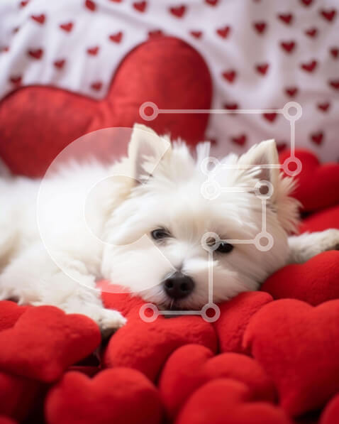 Σετ των 2 Intra Συλλεκτικό Ξύλινο Παζλ Plywood  4mm - Λευκό σκυλί στο κρεβάτι Red Hearts Σε Ξύλινο Κουτί - Διαστάσεις: 10x10 cm – 25 κομμάτια