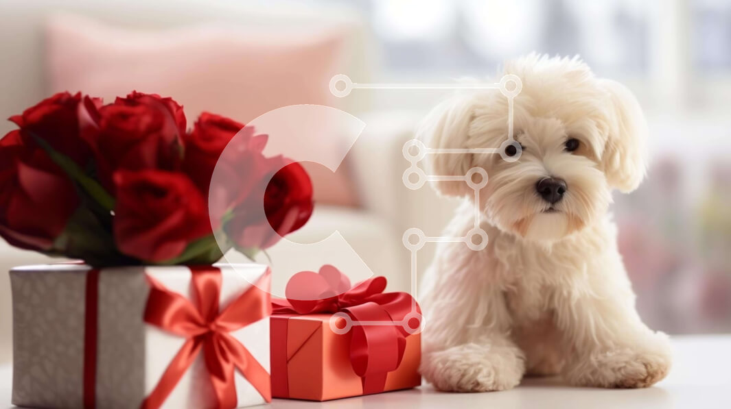 Intra Συλλεκτικό Ξύλινο Παζλ Plywood  4mm - Λευκός σκύλος με κόκκινα τριαντάφυλλα και κουτί δώρου Σε Ξύλινο Κουτί - Διαστάσεις: 10x10 cm – 25 κομμάτια