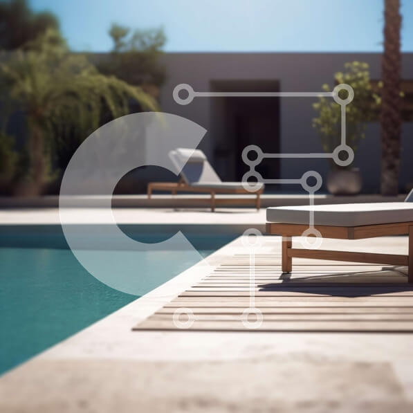 Intra Συλλεκτικό Ξύλινο Παζλ Plywood  4mm - Χαλαρώστε με στυλ: Ένας όμορφος υπαίθριος χώρος με πισίνα και φοίνικες Σε Ξύλινο Κουτί - Διαστάσεις Puzzle: 10x10 cm – 25 κομμάτια