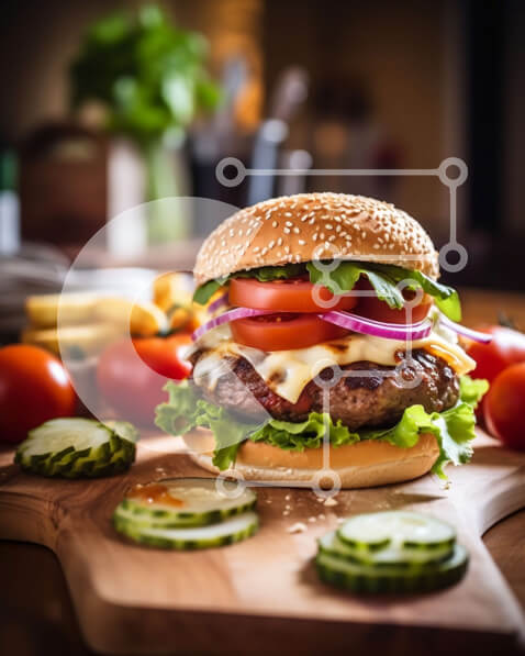 Σετ των 2 Intra Συλλεκτικό Ξύλινο Παζλ Plywood  4mm - Λαχταριστή εικόνα ενός χάμπουργκερ με μαρούλι, ντομάτα και τυρί Σε Ξύλινο Κουτί - Διαστάσεις: 10x10 cm – 25 κομμάτια