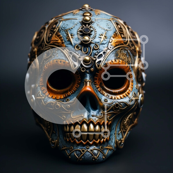 Intra Συλλεκτικό Ξύλινο Παζλ Plywood  4mm - Μπλε και χρυσό Gothic Steampunk Skull Σε Ξύλινο Κουτί - Διαστάσεις Puzzle: 10x10 cm – 25 κομμάτια