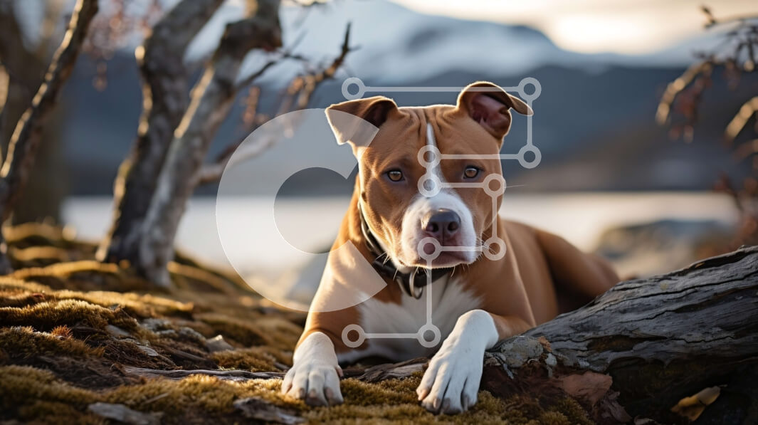 Intra Συλλεκτικό Ξύλινο Παζλ Plywood  4mm - Καφέ και άσπρο σκυλί στο ποώδη κούτσουρο δίπλα στο νερό Σε Ξύλινο Κουτί - Διαστάσεις: 10x10 cm – 25 κομμάτια