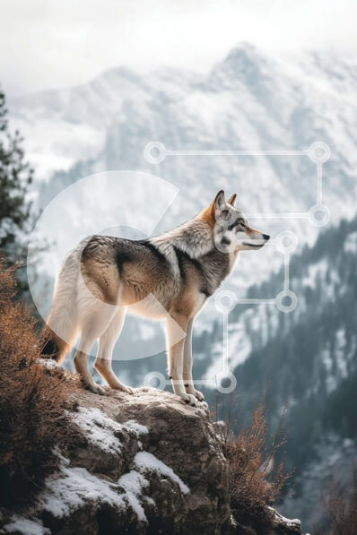 Σετ των 2 Intra Συλλεκτικό Ξύλινο Παζλ Plywood  4mm - Όμορφη εικόνα του γκρίζου λύκου σε βραχώδη έξαρση με θέα στη χιονισμένη οροσειρά Σε Ξύλινο Κουτί - Διαστάσεις: 10x10 cm – 25 κομμάτια