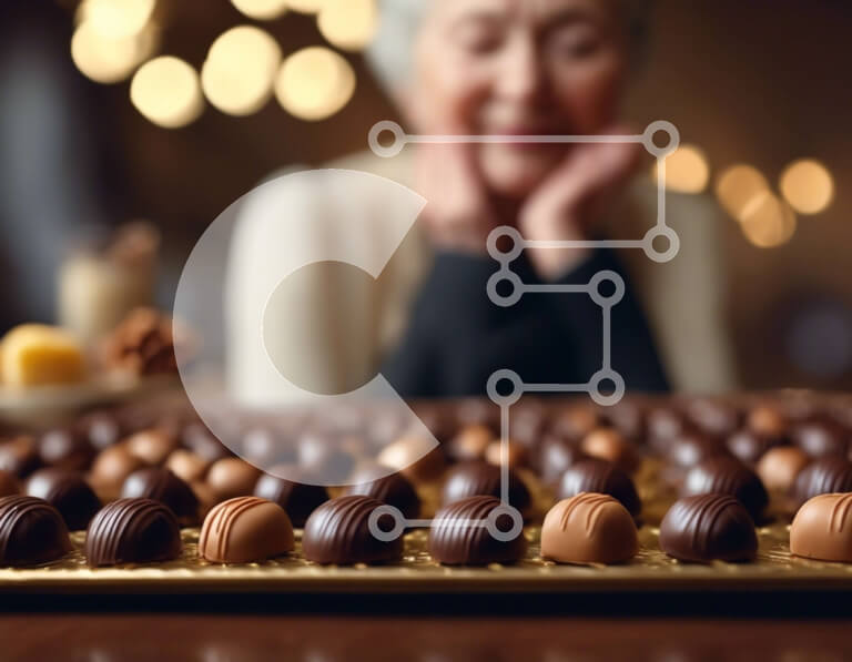 Intra Συλλεκτικό Ξύλινο Παζλ Plywood  4mm - Ηλικιωμένη γυναίκα που απολαμβάνει τις καραμέλες σοκολάτας Σε Ξύλινο Κουτί - Διαστάσεις Puzzle: 10x10 cm – 25 κομμάτια