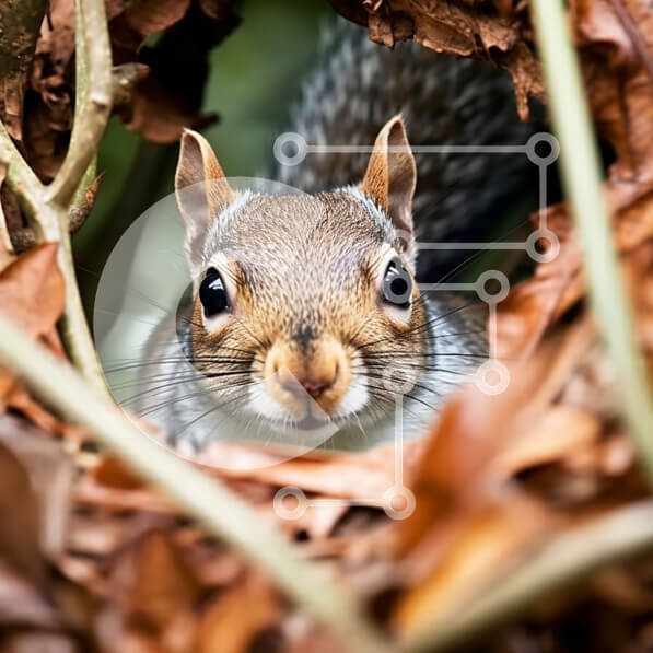 Intra Συλλεκτικό Ξύλινο Παζλ Plywood  4mm - Αξιολάτρευτο κοντινό πλάνο του προσώπου ενός γκρίζου σκίουρου που κρυφοκοιτάζει πίσω από ένα σωρό φύλλα Σε Ξύλινο Κουτί - Διαστάσεις: 10x10 cm – 25 κομμάτια