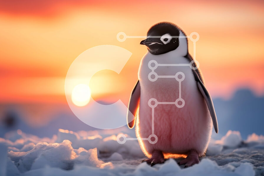 Intra Συλλεκτικό Ξύλινο Παζλ Plywood  4mm - Πιγκουίνος που στέκεται στη χιονισμένη επιφάνεια με το ηλιοβασίλεμα στο φόντο Σε Ξύλινο Κουτί - Διαστάσεις: 10x10 cm – 25 κομμάτια