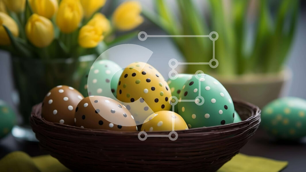 Intra Συλλεκτικό Ξύλινο Παζλ Plywood  4mm - Πολύχρωμα Πασχαλινά αυγά σε ένα μπολ με κίτρινες τουλίπες Σε Ξύλινο Κουτί - Διαστάσεις: 10x10 cm – 25 κομμάτια