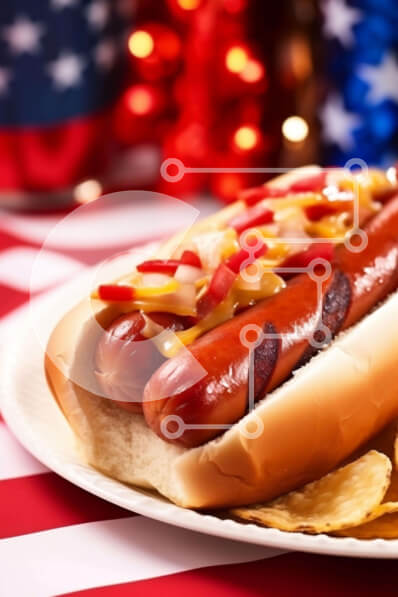 Σετ των 2 Intra Συλλεκτικό Ξύλινο Παζλ Plywood  4mm - Χοτ ντογκ αμερικανικού τύπου με τσιπς σε πιάτο αμερικανικής σημαίας Σε Ξύλινο Κουτί - Διαστάσεις: 10x10 cm – 25 κομμάτια