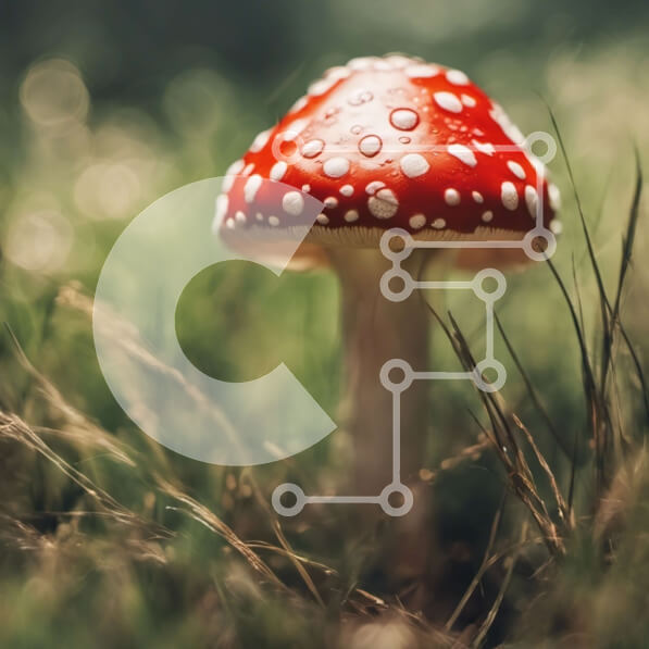 Intra Συλλεκτικό Ξύλινο Παζλ Plywood  4mm - Κόκκινο και άσπρο μανιτάρι σε ένα χωράφι με πράσινο γρασίδι Σε Ξύλινο Κουτί - Διαστάσεις: 10x10 cm – 25 κομμάτια