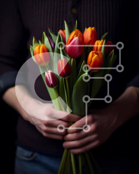 Intra Συλλεκτικό Ξύλινο Παζλ Plywood  4mm - Άνδρας που κρατά πορτοκαλί και κόκκινες τουλίπες μπουκέτο Σε Ξύλινο Κουτί - Διαστάσεις: 10x10 cm – 25 κομμάτια