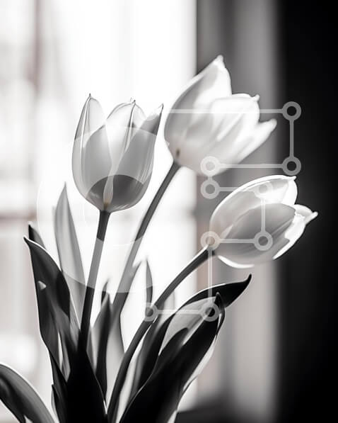 Intra Συλλεκτικό Ξύλινο Παζλ Plywood  4mm - Τρεις λευκές τουλίπες σε ασπρόμαυρο βάζο από ανοιχτό παράθυρο Σε Ξύλινο Κουτί - Διαστάσεις: 10x10 cm – 25 κομμάτια