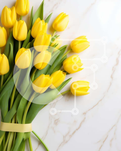 Σετ των 2 Intra Συλλεκτικό Ξύλινο Παζλ Plywood  4mm - Κίτρινη ανθοδέσμη τουλίπας σε μαρμάρινο τραπέζι Σε Ξύλινο Κουτί - Διαστάσεις: 10x10 cm – 25 κομμάτια