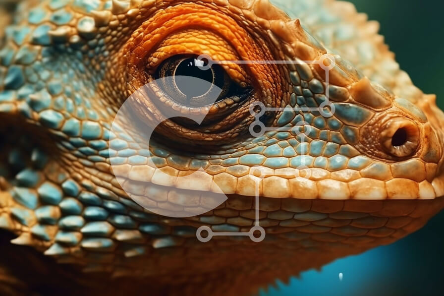 Intra Συλλεκτικό Ξύλινο Παζλ Plywood  4mm - Κοντινό πλάνο του προσώπου μιας σαύρας με μπλε και πορτοκαλί κλίμακες Σε Ξύλινο Κουτί - Διαστάσεις: 10x10 cm – 25 κομμάτια