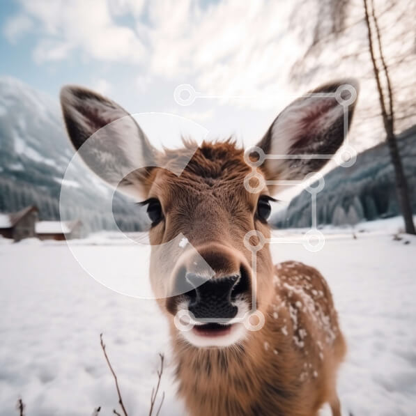 Intra Συλλεκτικό Ξύλινο Παζλ Plywood  4mm - Κοντινό πλάνο του προσώπου ενός ελαφιού σε ένα χιονισμένο τοπίο Σε Ξύλινο Κουτί - Διαστάσεις: 10x10 cm – 25 κομμάτια