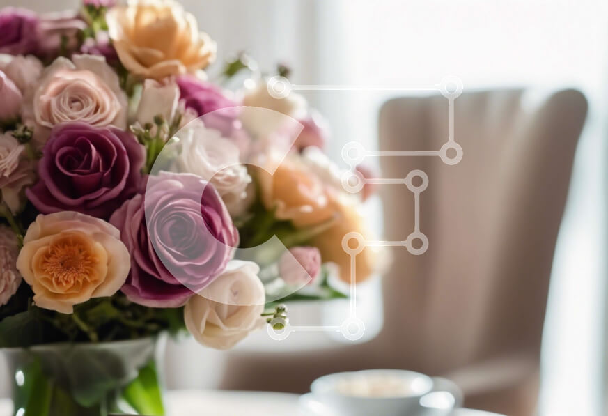 Σετ των 2 Intra Συλλεκτικό Ξύλινο Παζλ Plywood  4mm - Πολύχρωμα τριαντάφυλλα σε βάζο με φλιτζάνια καφέ στο τραπέζι Σε Ξύλινο Κουτί - Διαστάσεις: 10x10 cm – 25 κομμάτια