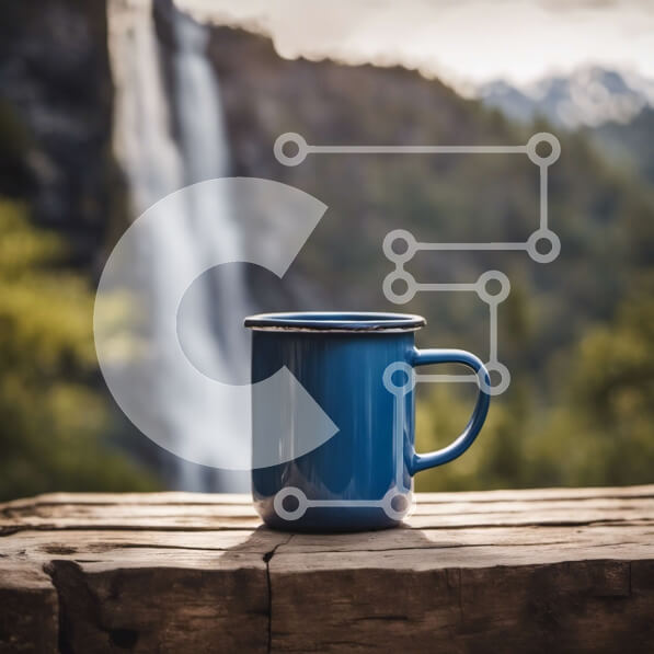 Intra Συλλεκτικό Ξύλινο Παζλ Plywood  4mm - Μπλε κούπα σε ξύλινο τραπέζι με καταρράκτη στο φόντο Σε Ξύλινο Κουτί - Διαστάσεις: 10x10 cm – 25 κομμάτια