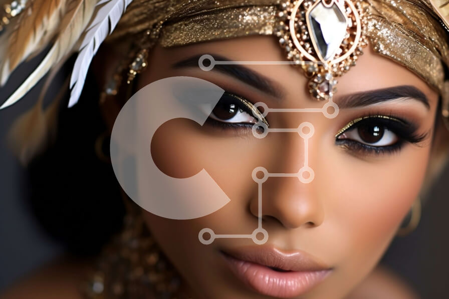 Intra Συλλεκτικό Ξύλινο Παζλ Plywood  4mm - Πανέμορφη γυναίκα που φοράει χρυσό και φτερωτό κάλυμμα και σκούρα σκιά ματιών Σε Ξύλινο Κουτί - Διαστάσεις Puzzle: 10x10 cm – 25 κομμάτια