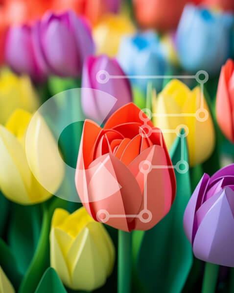 Intra Συλλεκτικό Ξύλινο Παζλ Plywood  4mm - Πολύχρωμες τουλίπες Origami στο χωράφι Σε Ξύλινο Κουτί - Διαστάσεις: 10x10 cm – 25 κομμάτια