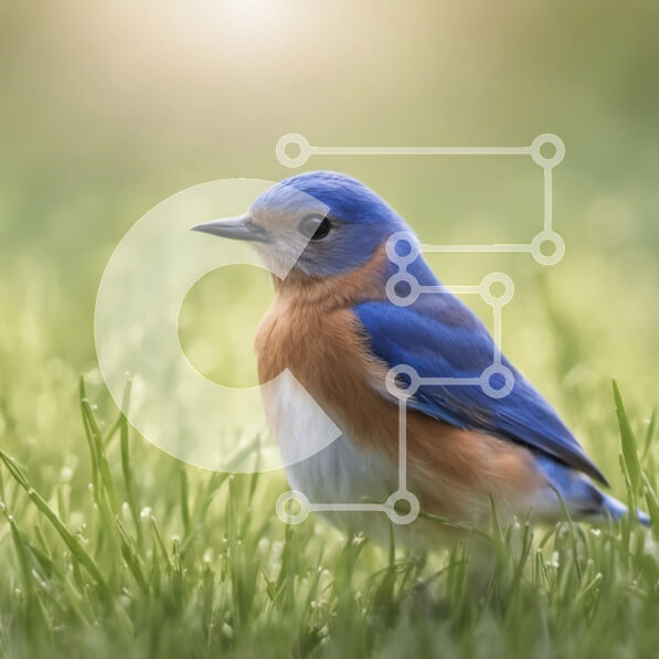 Intra Συλλεκτικό Ξύλινο Παζλ Plywood  4mm - Μπλε πουλί στην πράσινη χλόη με το μπλε ουρανό και τα λευκά σύννεφα Σε Ξύλινο Κουτί - Διαστάσεις: 10x10 cm – 25 κομμάτια