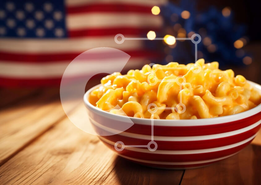 Σετ των 2 Intra Συλλεκτικό Ξύλινο Παζλ Plywood  4mm - Αμερικάνικα μακαρόνια και τυρί με στολίδια 4ης Ιουλίου Σε Ξύλινο Κουτί - Διαστάσεις: 10x10 cm – 25 κομμάτια