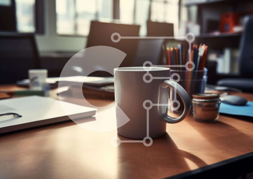 Intra Συλλεκτικό Ξύλινο Παζλ Plywood  4mm - Λευκή κούπα καφέ στο γραφείο με βιβλία και φορητό υπολογιστή Σε Ξύλινο Κουτί - Διαστάσεις: 10x10 cm – 25 κομμάτια