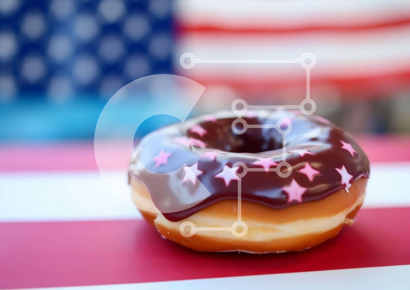 Σετ των 2 Intra Συλλεκτικό Ξύλινο Παζλ Plywood  4mm - Σοκολατένιο ντόνατ σε φόντο αμερικανικής σημαίας με αστέρια Σε Ξύλινο Κουτί - Διαστάσεις: 10x10 cm – 25 κομμάτια