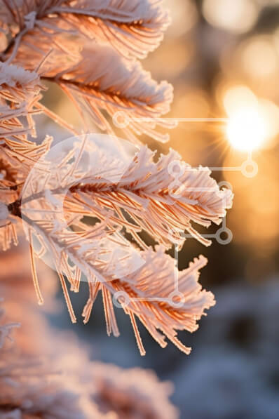 Σετ των 2 Intra Συλλεκτικό Ξύλινο Παζλ Plywood  4mm - Κοντινή όψη του κλαδιού πεύκου που καλύπτεται από παγετό με το φως του ήλιου Σε Ξύλινο Κουτί - Διαστάσεις: 10x10 cm – 25 κομμάτια