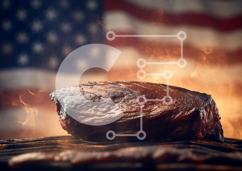 Σετ των 2 Intra Συλλεκτικό Ξύλινο Παζλ Plywood  4mm - Ψητή μπριζόλα με φόντο αμερικανικής σημαίας Σε Ξύλινο Κουτί - Διαστάσεις: 10x10 cm – 25 κομμάτια