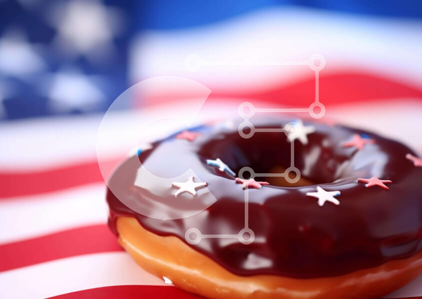 Σετ των 2 Intra Συλλεκτικό Ξύλινο Παζλ Plywood  4mm - Σοκολατένιο ντόνατ σε φόντο αμερικανικής σημαίας Σε Ξύλινο Κουτί - Διαστάσεις: 10x10 cm – 25 κομμάτια