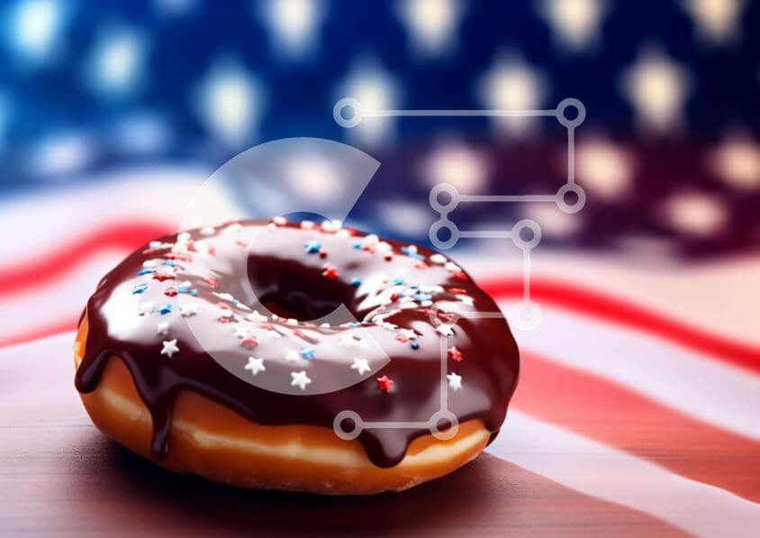 Σετ των 2 Intra Συλλεκτικό Ξύλινο Παζλ Plywood  4mm - Σοκολάτα παγωμένο ντόνατ σε φόντο αμερικανικής σημαίας Σε Ξύλινο Κουτί - Διαστάσεις: 10x10 cm – 25 κομμάτια