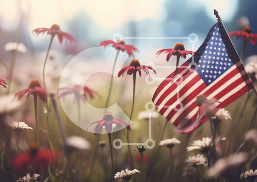 Intra Συλλεκτικό Ξύλινο Παζλ Plywood  4mm - Αμερικανική σημαία στο πεδίο των λουλουδιών και των μαργαριτών Σε Ξύλινο Κουτί - Διαστάσεις: 10x10 cm – 25 κομμάτια