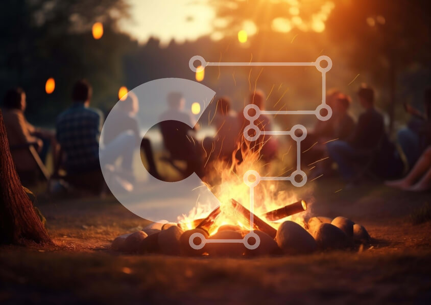 Intra Συλλεκτικό Ξύλινο Παζλ Plywood  4mm - Ομάδα ανθρώπων που απολαμβάνει τη φωτιά στο ηλιοβασίλεμα στο δάσος Σε Ξύλινο Κουτί - Διαστάσεις: 10x10 cm – 25 κομμάτια