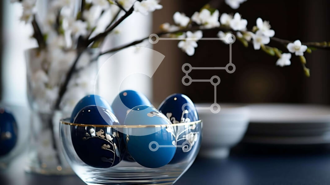 Intra Συλλεκτικό Ξύλινο Παζλ Plywood  4mm - Διακόσμηση πασχαλινών τραπεζιών με μπλε αυγά και λευκά λουλούδια Σε Ξύλινο Κουτί - Διαστάσεις Puzzle: 10x10 cm – 25 κομμάτια