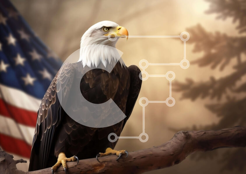 Intra Συλλεκτικό Ξύλινο Παζλ Plywood  4mm - Αετός σκαρφαλωμένος σε κλαδί δέντρου με αμερικανική σημαία στο βάθος Σε Ξύλινο Κουτί - Διαστάσεις: 10x10 cm – 25 κομμάτια